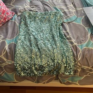 Turquoise Sparkly Strapless Dress.